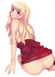 Rule 34 | 00s, 1girl, anus, ass, back, blonde hair, blue eyes, blush, censored, clothes lift, clothes pull, dress, dress lift, dress pull, highres, long hair, macross, macross frontier, open \m/, pinup (style), pussy, sheryl nome, sitting, solo, tony taka