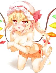 Rule 34 | 1girl, blonde hair, blush, covering privates, covering breasts, flandre scarlet, hat, highres, kneeling, long hair, red eyes, side ponytail, simple background, solo, topless, touhou, vermentino, wings