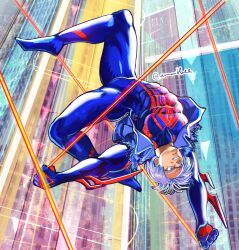 Rule 34 | 1boy, amartbee, blue bodysuit, bodysuit, building, clenched hands, commentary, cosplay, day, denim, denim jacket, dragon ball, dragonball z, english commentary, flexible, highres, jacket, male focus, marvel, outdoors, outstretched arm, solo, spider-man (2099), spider-man (2099) (cosplay), spider-man (series), toned, toned male, trunks (dragon ball), white hair