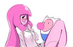 Rule 34 | 1boy, 1girl, adventure time, alternate hairstyle, blowing bubbles, chewing gum, colored skin, embarrassed, finn the human, glasses, hair down, hat, lab coat, long hair, looking away, pink hair, pink skin, princess bonnibel bubblegum, sexually suggestive, sho-n-d, simple background, white background