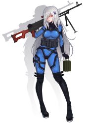 Rule 34 | 1girl, ammunition, black legwear, blue bodysuit, bodysuit, breasts, rabbit hair ornament, choudan, full body, girls&#039; frontline, grey hair, gun, hair ornament, hair over one eye, highres, holding, holding gun, holding weapon, long hair, looking at viewer, medium breasts, over shoulder, parted lips, pk (girls&#039; frontline), pouch, red eyes, solo, standing, very long hair, weapon