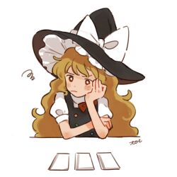 Rule 34 | 100th black market, 1girl, black vest, blonde hair, bow, braid, bright pupils, card, commentary request, hand on own cheek, hand on own face, hat, hat bow, highres, kirisame marisa, long hair, red bow, shirt, short sleeves, signature, simple background, single braid, solo, squiggle, toe miyama, touhou, upper body, vest, wavy hair, white background, white bow, white shirt, witch hat