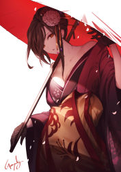 Rule 34 | 1girl, bare shoulders, breasts, brown eyes, brown hair, commentary request, floral print, flower, genyaky, hair flower, hair ornament, hair over one eye, hair stick, hand up, highres, holding, holding umbrella, japanese clothes, kimono, large breasts, long hair, long sleeves, looking at viewer, nijisanji, off shoulder, parted lips, print kimono, red flower, red kimono, shirayuki tomoe, signature, simple background, solo, umbrella, virtual youtuber, white background, wide sleeves