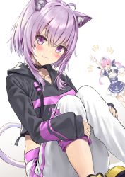 Rule 34 | &gt; &lt;, 2girls, ahoge, anchor symbol, animal ear fluff, animal ears, athenawyrm, black collar, black hoodie, blush, breasts, cat ears, cat tail, collar, collarbone, commentary request, highres, hololive, hood, hoodie, long sleeves, looking at viewer, maid, maid headdress, medium breasts, minato aqua, minato aqua (1st costume), multiple girls, nekomata okayu, nekomata okayu (1st costume), purple eyes, purple hair, simple background, smile, solo focus, tail, virtual youtuber, white background