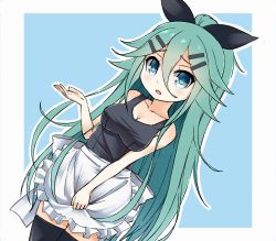 Rule 34 | 1girl, :d, alternate costume, apron, bad id, bad pixiv id, black thighhighs, blue eyes, breasts, cleavage, commentary request, green hair, hair between eyes, hair ornament, hair ribbon, hairclip, highres, kantai collection, long hair, looking at viewer, one-piece swimsuit, open mouth, ribbon, school swimsuit, smile, soba (sobaya1938), solo, swimsuit, thighhighs, yamakaze (kancolle), zettai ryouiki