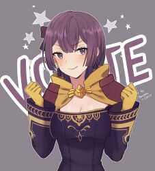 Rule 34 | 1girl, bernadetta von varley, blush, breasts, cleavage, commentary, dress, earrings, english commentary, english text, fire emblem, fire emblem: three houses, fire emblem heroes, gloves, gold trim, grey background, grey eyes, hair ornament, highres, jewelry, lilshironeko, long sleeves, looking at viewer, medium breasts, nintendo, purple dress, purple hair, short dress, short hair, simple background, smile, solo, strapless, strapless dress, sweatdrop, upper body, yellow gloves