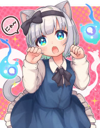 Rule 34 | 1girl, absurdres, animal ears, black bow, black hairband, blue dress, blue eyes, blue vest, blush, bow, cat day, cat ears, cat tail, commentary request, dress, fang, grey hair, hair bow, hairband, hands up, highres, hitodama, kemonomimi mode, konpaku youmu, konpaku youmu (ghost), long sleeves, open mouth, paw pose, pink background, shirt, short hair, skin fang, solo, sparkle, suguharu86, tail, touhou, twitter username, upper body, vest, white shirt