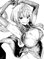 Rule 34 | 1girl, armpits, arms up, black eyes, blush, breasts, bright pupils, china dress, chinese clothes, cleavage, cleavage cutout, clothing cutout, copyright request, cowboy shot, crosshatching, dress, elbow gloves, gloves, grey gloves, greyscale, hatching (texture), highres, ice reizou, large breasts, long hair, looking at viewer, monochrome, parted lips, simple background, smile, solo, white background, white pupils