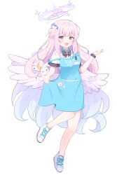 Rule 34 | 1girl, absurdres, alternate costume, angel wings, apron, blue apron, blue archive, blush, collared shirt, crescent, crescent pin, feathered wings, flower, full body, hair bun, hair flower, hair ornament, halo, highres, long hair, looking at viewer, mika (blue archive), mikkan0727, open mouth, pink hair, pink halo, polo shirt, purple flower, shirt, shoes, short sleeves, simple background, single side bun, smile, solo, white background, white footwear, white shirt, white wings, wings, yellow eyes