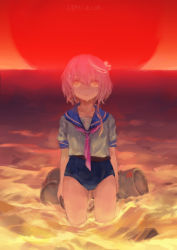 Rule 34 | 10s, 1girl, commentary, drum (container), hair ornament, horizon, i-58 (kancolle), kantai collection, neckerchief, ocean, one-piece swimsuit, pink hair, sailor collar, school swimsuit, school uniform, serafuku, short hair, siephy, solo, sun, sunset, swimsuit, swimsuit under clothes, wet, wet clothes, yellow eyes