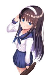 Rule 34 | 1girl, absurdres, blue neckerchief, blue skirt, blush, braid, breasts, briefcase, brown hair, feet out of frame, foreshortening, from above, hairband, hand in own hair, hand up, highres, holding, i.f.s.f, long hair, long sleeves, looking at viewer, looking up, neckerchief, parted lips, pleated skirt, school briefcase, school uniform, serafuku, shirt, simple background, skirt, smile, solo, standing, straight hair, tohno akiha, tsukihime, twin braids, white background, white hairband, white shirt