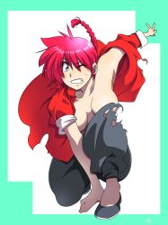 Rule 34 | 1girl, absurdres, blue eyes, braid, chinese clothes, genderswap, genderswap (mtf), highres, open clothes, open shirt, ranma-chan, ranma 1/2, red hair, saotome ranma, single braid, solo, tangzhuang, yas