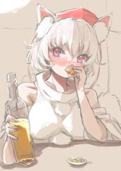 Rule 34 | 1girl, alcohol, animal ears, blush, bottle, drinking, glass, hat, highres, inubashiri momiji, looking at viewer, red eyes, solo, tail, tokin hat, touhou, upper body, white hair, wolf ears, wolf tail, yoyoiro (sysi20)