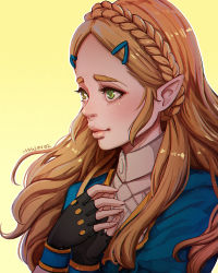 Rule 34 | 1girl, artist name, black gloves, blush, braid, closed mouth, crown braid, fingerless gloves, forehead, gloves, green eyes, hair ornament, hairclip, hands on own chest, lips, long hair, looking afar, magion02, nintendo, own hands together, pink lips, pointy ears, princess zelda, shirt, simple background, smile, solo, the legend of zelda, the legend of zelda: breath of the wild, thick eyebrows, upper body, white shirt, yellow background