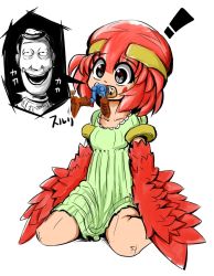 Rule 34 | 1boy, 1girl, dress, harpy, highres, matsugahara yoshiwo, monster girl, open mouth, original, red hair, sheriff woody, simple background, sitting, smile, toy story, vore, wariza, white background
