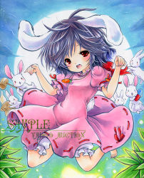 Rule 34 | 1girl, animal ears, barefoot, black hair, bloomers, blush, breasts, carrot necklace, commentary request, dress, floppy ears, food, fox shadow puppet, frilled sleeves, frills, full body, full moon, inaba tewi, jewelry, jumping, kine, looking at viewer, mallet, marker (medium), mochi, moon, necklace, open mouth, pendant, pill, pink dress, puffy short sleeves, puffy sleeves, rabbit, rabbit ears, rabbit tail, red eyes, ribbon-trimmed dress, sakurai tamako, sample watermark, shikishi, short hair, short sleeves, small breasts, smile, solo, tail, touhou, traditional media, underwear, watermark