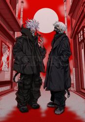 2boys alternate_form black_jacket crossover dandadan hair_over_one_eye highres holding holding_phone jacket kaneki_ken kensuke_creations male_focus mask mouth_mask multiple_boys phone short_hair takakura_ken_(dandadan) tokyo_ghoul transformation white_hair