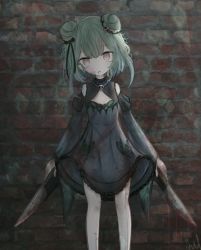 Rule 34 | 1girl, aiu ., bad id, bad pixiv id, bare legs, bare shoulders, black dress, black ribbon, blood, blood on face, brick wall, cleavage cutout, clothing cutout, commentary, double bun, dress, empty eyes, english commentary, feet out of frame, green hair, hair bun, hair ribbon, highres, hololive, muted color, parted lips, red eyes, ribbon, short hair, solo, uruha rushia, uruha rushia (1st costume), virtual youtuber