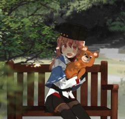 Rule 34 | 1girl, annin musou, belt, bench, black belt, black bow, black footwear, black gloves, black hat, black skirt, blouse, blue shawl, boots, bow, brown eyes, brown hair, brown thighhighs, commentary request, fingerless gloves, full body, fur hat, gloves, hair bow, hat, jacket, kantai collection, long hair, low twintails, pantyhose, papakha, red shirt, ribbon trim, scarf, shawl, shirt, shoe soles, sitting, skirt, smile, solo, stuffed animal, stuffed toy, tashkent (kancolle), teddy bear, thigh boots, thighhighs, torn clothes, torn scarf, twintails, untucked shirt, white jacket, white scarf