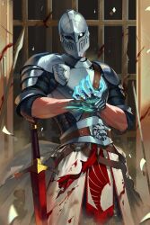 Rule 34 | 1boy, absurdres, armor, blood, commentary, gate, gemi ningen, glowing hands, hand on own wrist, helmet, highres, looking at viewer, male focus, original, planted, planted sword, planted weapon, scar, scar on arm, short sleeves, solo, sword, symbol-only commentary, weapon