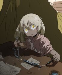 Rule 34 | 1girl, animal, blonde hair, bug, centipede, child&#039;s drawing, chinese commentary, commentary request, dark-skinned female, dark skin, desk, dissection, highres, holding, holding animal, holding knife, irumyuui, knife, light blush, light smile, long hair, looking at viewer, made in abyss, open mouth, out of frame, paper, planted, planted knife, planted weapon, pov, pov hands, rags, shade, single hair ring, slime (substance), solo focus, tent, weapon, wide-eyed, xiaopizi32439, yellow eyes