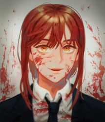 Rule 34 | 1girl, @ @, black jacket, black necktie, blood, blood on clothes, blood on face, blood on wall, blood splatter, brown hair, chainsaw man, collared shirt, eyebrows, eyelashes, female focus, jacket, jo4hedan, lips, long hair, looking at viewer, makima (chainsaw man), necktie, pale skin, parted lips, shirt, sidelocks, solo, uniform, unusual pupils, upper body, white background, white shirt, yellow eyes