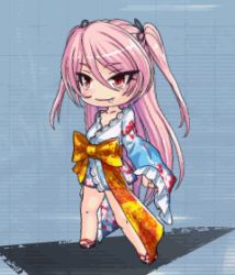 Rule 34 | 1girl, alternate costume, animated, animated gif, bare legs, chibi, demon girl, fang, felicia (taimanin kurenai), japanese clothes, kimono, lilith-soft, long hair, lowres, official alternate costume, pink hair, pointy ears, red eyes, smile, solo, taimanin (series), taimanin kurenai, taimanin rpgx, twintails, very long hair