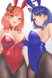 Rule 34 | 2girls, animal ears, bare shoulders, blue bow, blue hair, blue leotard, bow, bowtie, breasts, butterfly hair ornament, center opening, covered navel, fake animal ears, fake tail, genmai monster, gradient hair, hair bow, hair ornament, hair over shoulder, haruluna, highleg, highleg leotard, highres, kirishima haru, kirishima luna, large breasts, leotard, looking at viewer, low twintails, medium hair, mole, mole under eye, mole under mouth, multicolored hair, multiple girls, open mouth, orange hair, pantyhose, parted bangs, pink bow, playboy bunny, purple hair, rabbit ears, rabbit tail, red bow, red bowtie, red leotard, simple background, smile, strapless, strapless leotard, swept bangs, tail, twintails, virtual youtuber, white background, yellow eyes