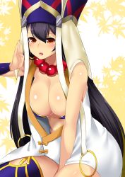 Rule 34 | 1girl, armpit peek, bare shoulders, bead necklace, beads, between thighs, bikini, bikini top only, black hair, blue thighhighs, blush, breasts, brown eyes, cleavage, commentary request, fate/grand order, fate (series), hat, highres, hitotsuki nebura, jewelry, large breasts, leaf, leaf background, long hair, looking at viewer, maple leaf, necklace, open mouth, prayer beads, shiny skin, single thighhigh, sitting, sleeveless, solo, swimsuit, thighhighs, very long hair, xuangzang sanzang (fate)