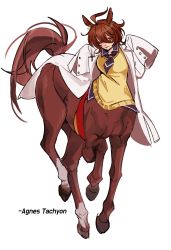 Rule 34 | 1girl, agnes tachyon (umamusume), ahoge, animal ears, black necktie, black shirt, breasts, brown hair, centaur, character name, coat, collared shirt, commentary, earrings, empty eyes, full body, hair between eyes, hands up, highres, horse ears, horse tail, jewelry, korean commentary, lab coat, light smile, long bangs, long sleeves, looking at viewer, medium breasts, messy hair, mixed-language commentary, monster girl, monsterification, multiple legs, necktie, one eye closed, open clothes, open coat, red eyes, shirt, short hair, short necktie, sidelocks, simple background, single earring, sleeves past fingers, sleeves past wrists, solo, ss fraternity, standing, sweater, sweater vest, tail, taur, umamusume, white background, white coat, yellow sweater