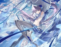 Rule 34 | 1girl, arm up, armpits, bare shoulders, bikini, blue eyes, blue ribbon, breasts, closed mouth, collarbone, fate/grand order, fate (series), frilled bikini, frills, hair between eyes, kousaki rui, licking lips, long hair, long sleeves, looking at viewer, meltryllis, meltryllis (fate), meltryllis (swimsuit lancer) (fate), meltryllis (swimsuit lancer) (third ascension) (fate), pantyhose, prosthesis, prosthetic leg, puffy sleeves, purple hair, ribbon, side ponytail, sleeves past fingers, sleeves past wrists, small breasts, smile, solo, swimsuit, tongue, tongue out, very long hair, water, white pantyhose