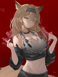 Rule 34 | 1girl, absurdres, animal ears, arknights, bare shoulders, black choker, black hairband, black jacket, breasts, brown hair, chinese commentary, choker, cleavage, commentary request, crop top, cropped jacket, green eyes, grey tank top, hairband, highres, horn (arknights), jacket, jewelry, large breasts, long hair, long sleeves, looking at viewer, midriff, navel, off shoulder, partial commentary, pendant, red background, simple background, solo, stomach, tail, tank top, upper body, wolf ears, wolf tail, yituantuandemianhua