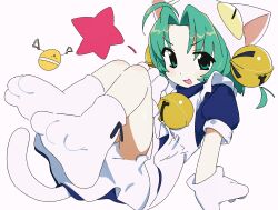 Rule 34 | 1boy, 1girl, ahoge, animal hat, apron, bell, blue dress, blue ribbon, cat hat, cat tail, commentary, dejiko, di gi charat, dress, english commentary, fang, footwear ribbon, frilled sleeves, frills, gema, gloves, green eyes, green hair, hair bell, hair ornament, hair ribbon, hand up, hat, highres, invisible chair, jiryu50610218, looking at viewer, maid, maid apron, medium hair, neck bell, open mouth, parted bangs, paw shoes, ribbon, short sleeves, sitting, skin fang, star (symbol), tail, white apron, white background, white footwear, white gloves, white headwear, white tail
