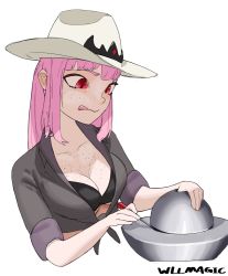 Rule 34 | alternate costume, artist name, bra, breasts, cleavage, collarbone, cowboy hat, demon core, freckles, freckles on breasts, hat, holding, holding screwdriver, hololive, hololive english, licking lips, long hair, looking at object, mori calliope, nuclear weapon, pink hair, plutonium, real life, red eyes, screwdriver, shirt, simple background, sleeves rolled up, tied shirt, tongue, tongue out, tools, underwear, virtual youtuber, weapon of mass destruction, white background, wllmagic