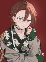 Rule 34 | 1girl, aketa mikoto, breasts, brown eyes, brown hair, brown jacket, choker, closed mouth, collarbone, earrings, fingerless gloves, floral print, gloves, green shirt, hair between eyes, hashtag-only commentary, highres, idolmaster, idolmaster shiny colors, jacket, jewelry, long sleeves, looking at viewer, red background, shirt, short hair, small breasts, smile, solo, upper body, yumeme 818