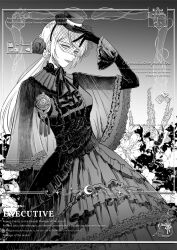 Rule 34 | 1girl, abstract background, absurdres, black choker, black dress, black gloves, black hat, black neckerchief, black veil, breasts, chinese commentary, choker, commentary request, doll joints, dress, english text, flower, framed image, gloves, hair flower, hair ornament, haohaochifan44660, hat, highres, joints, lips, long dress, long hair, looking at viewer, lord of the mysteries, medallion, medium breasts, mini hat, monochrome, multiple heads, neckerchief, severed head, sharron (lord of the mysteries), solo, veil, watermark