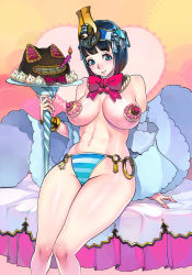 Rule 34 | 1girl, abs, ancient princess menace, bad id, bad pixiv id, bed, black hair, blue eyes, blunt bangs, bow, bracelet, breasts, cake, cameltoe, candle, cherry, closed mouth, convenient censoring, crown, detached collar, egyptian clothes, f.s., food, food on body, food on breasts, fruit, headgear, heart, holding, holding plate, ice cream, indoors, jewelry, large breasts, looking at viewer, menace (queen&#039;s blade), menace (queen's blade), muscular, muscular female, navel, neck ribbon, no bra, official art, on bed, panties, plate, presenting, pudding, queen&#039;s blade, red ribbon, revealing clothes, ribbon, ring, setra, shawl, short hair, sitting, smile, solo, striped clothes, striped panties, thighs, underwear