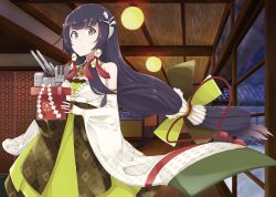 Rule 34 | 10s, 1girl, architecture, black hair, bridal gauntlets, cannon, closed mouth, detached sleeves, east asian architecture, floating hair, glass, grey eyes, hair ornament, hair tubes, holding, indoors, japanese clothes, kantai collection, kimono, lamp, long hair, low-tied long hair, mizuho (kancolle), mku, rope, shide, sliding doors, smile, solo, tassel, turret, very long hair, wooden floor