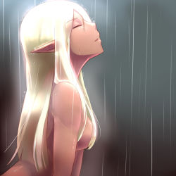 1girl blonde_hair closed_eyes dark-skinned_female dark_skin dev_(dev0614) elf female_focus from_side hair_over_breasts highres long_hair nude open_mouth original pointy_ears profile rain solo wet