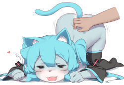 Rule 34 | 1girl, :d, abmayo, animal ears, aqua hair, black sleeves, black thighhighs, butt wiggle, closed eyes, detached sleeves, fang, furry, furry female, hatsune miku, highres, long hair, open mouth, smile, solo focus, tail, thighhighs, top-down bottom-up, twintails, vocaloid