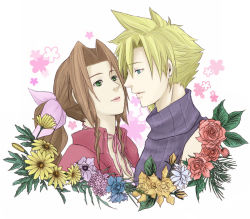 Rule 34 | 1990s (style), 1boy, 1girl, aerith gainsborough, blonde hair, blue eyes, bow, brown hair, cloud strife, couple, cropped jacket, eye contact, final fantasy, final fantasy vii, flower, geist01, green eyes, hair bow, hetero, lipstick, looking at another, makeup, pink bow, ponytail, rose, spiked hair