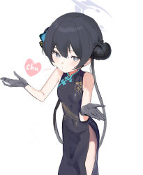 Rule 34 | 1girl, absurdres, black dress, black eyes, black gloves, black hair, blowing kiss, blue archive, breasts, butterfly hair ornament, china dress, chinese clothes, cowboy shot, double bun, dress, ggab0621, gloves, grey halo, hair bun, hair ornament, halo, highres, kisaki (blue archive), long hair, simple background, sleeveless, sleeveless dress, small breasts, solo, twintails, white background