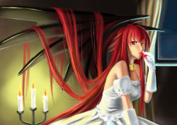 Rule 34 | 10s, 1girl, absurdres, ahoge, bat wings, candle, ccjn, chess piece, dress, gloves, high school dxd, highres, long hair, red eyes, red hair, rias gremory, solo, wedding dress, white dress, white gloves, wings
