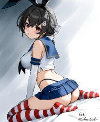 artist_name ass black_hair black_hairband black_neckerchief black_panties blue_sailor_collar blue_skirt braid breasts cosplay crop_top eckert&amp;eich elbow_gloves from_behind gloves hairband highleg highleg_panties highres jingei_(kancolle) kantai_collection large_breasts looking_at_viewer looking_back microskirt miniskirt neckerchief one-hour_drawing_challenge panties pleated_skirt red_eyes sailor_collar shimakaze_(kancolle) shimakaze_(kancolle)_(cosplay) shirt single_braid sitting skirt sleeveless sleeveless_shirt striped_clothes striped_thighhighs thighhighs twitter_username underwear wariza white_gloves