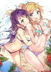 Rule 34 | 10s, 2girls, :3, :o, areola slip, ayase eli, bangle, beach, bent over, bikini, biting, blonde hair, blue eyes, blush, bow, bracelet, braid, breasts, earrings, eyelashes, flower, frilled bikini, frills, grabbing, grabbing another&#039;s breast, grabbing from behind, gradient background, green eyes, highres, jewelry, long hair, love live!, love live! school idol festival, love live! school idol project, low twintails, multiple girls, navel, o-ring, o-ring top, open mouth, outdoors, petals, ponytail, purple bikini, purple hair, scrunchie, sparkle, striped bikini, striped clothes, swept bangs, swimsuit, thigh gap, tojo nozomi, twintails, very long hair, water, yuran, yuri