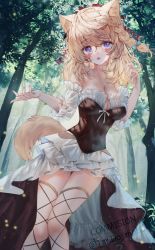 Rule 34 | 1girl, animal ear fluff, animal ears, warrior of light (ff14), blonde hair, blue eyes, blush, bodice, braid, breasts, cat ears, cat tail, cleavage, collarbone, commentary, commission, copyright request, detached sleeves, dress, final fantasy, final fantasy xiv, forest, highres, long hair, looking at viewer, medium breasts, miqo&#039;te, nature, outdoors, solo, standing, symbol-only commentary, tail, tandohark, tree, twitter username, white dress