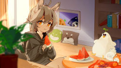 Rule 34 | 1girl, :t, absurdres, ahoge, animal ear fluff, animal ears, arknights, backlighting, blurry, blurry foreground, book, bookshelf, brown hair, closed mouth, commentary request, curtains, day, depth of field, eating, food, fruit, hair between eyes, highres, holding, holding food, indoors, looking at viewer, orange eyes, pillow, plant, plate, potted plant, qiu bi long, shaw (arknights), solo, sunlight, table, watermelon, watermelon slice, window, wooden floor