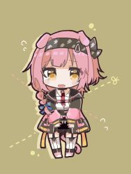 Rule 34 | 1girl, arknights, black hairband, black jacket, black skirt, blush stickers, boots, braid, breasts, brown background, brown eyes, commentary request, dotted line, flying sweatdrops, frilled skirt, frills, garter straps, goldenglow (arknights), hair over shoulder, hairband, highres, jacket, long sleeves, mom2, open clothes, open jacket, open mouth, pink footwear, pink hair, puffy long sleeves, puffy sleeves, shirt, single braid, skirt, sleeves past wrists, small breasts, solo, tears, thighhighs, thighhighs under boots, white shirt, white thighhighs