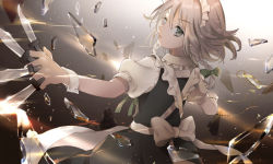 Rule 34 | 1girl, apron, arms up, bad id, bad pixiv id, between fingers, black skirt, black vest, blue eyes, braid, broken glass, cowboy shot, cuff links, expressionless, from behind, glass, glint, gradient background, grey background, hair between eyes, hair ribbon, holding, izayoi sakuya, knife, light trail, looking at viewer, looking back, maid headdress, piyo (sqn2idm751), pocket watch, puffy short sleeves, puffy sleeves, ribbon, shards, shirt, short hair, short sleeves, silver hair, skirt, solo, standing, touhou, tress ribbon, twin braids, vest, waist apron, watch, white shirt, wrist cuffs