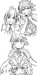 Rule 34 | 1boy, 2girls, admiral (kancolle), arrow (symbol), asymmetrical bangs, asymmetrical hair, blush, braid, breast rest, breasts, breasts on head, buttons, cleavage, closed mouth, cloud print, collared shirt, commentary request, epaulettes, forced smile, gloves, greyscale, hair between eyes, hair ornament, hair ribbon, highres, jitome, kantai collection, large breasts, little boy admiral (kancolle), long hair, looking at viewer, looking down, military, military uniform, monochrome, multiple girls, naval uniform, neck ribbon, parted lips, ponytail, poyo (hellmayuge), ribbon, school uniform, shiranui (kancolle), shirt, short sleeves, simple background, single braid, smile, sweat, translated, uniform, unryuu (kancolle), vest, white background